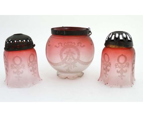 Late 19thC / early 20thC glass shades : 3  light shades of pink satin glass with laurel chaplet, swag and bow decoration. The