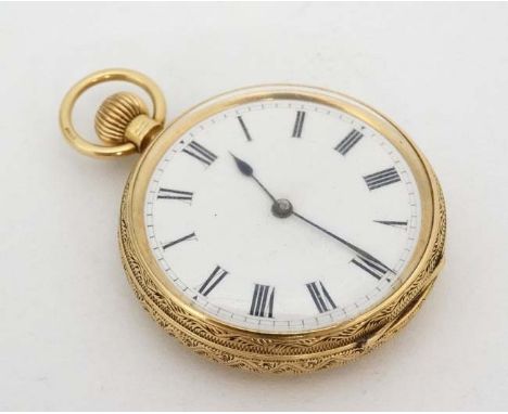 18 ct gold Pocket Watch : a top Wind 18 ct gold heavily chased ladies (large) pocketwatch with white enamel dial , colour har