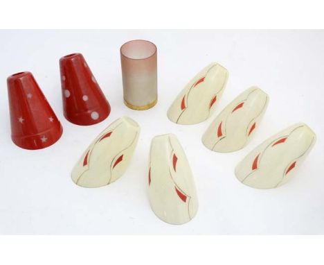 Vintage Retro : a collection of various 1950's angled glass light shades to include a red shade with star decoration another 
