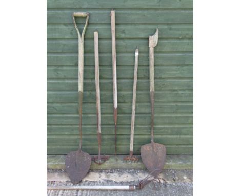 Architectural /Salvage :  an assortment of assorted Agricultural Tools to include small rake, 2 turf lifters, slasher , sprun