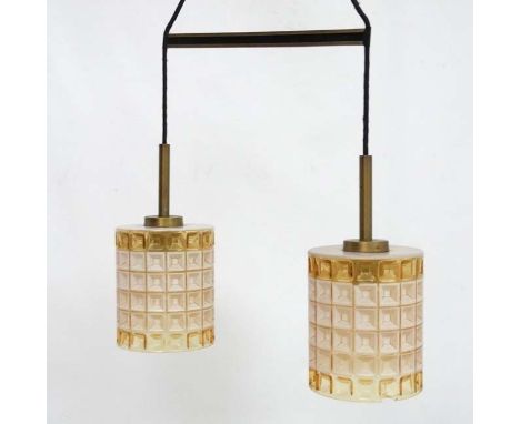 Vintage Retro : a Pair of Scandinavian Pendant lamps / lights   With squared relief amber glass shades and brass fitments , s