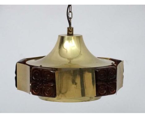 Vintage Retro : a Danish Pendant lamp / light of brass and 5 brown moulded glass squared sections , 10 1/4 " diameter.   COND