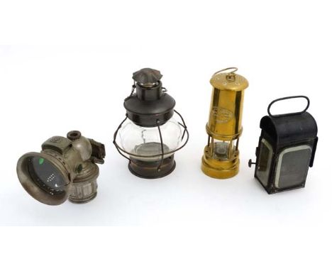 Assorted lamps to include : Joseph Lucas Lucas Limited no. 326 carbine motorcycle lamp, a Ferndale coal colliery brass miners