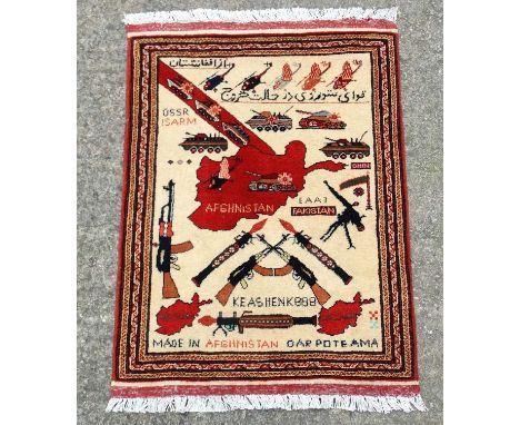 Carpet / Rug: An Afghanistan War Rug , prayer rug sized , depicting the leaving of the country by the occupying Russian Army,
