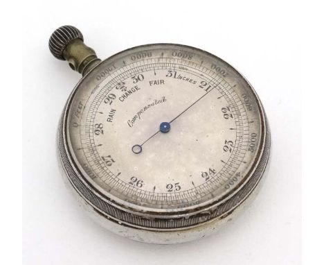 Pocket Barometer : a compensated Pocket Barometer with silvered dial , Top Wind rotatable marker and dial glass with knurled 