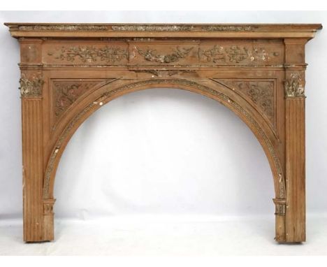Architectural /Salvage : a large pine and gesso fire surround , with squared fluted columns to sides and demi- lune aperture 