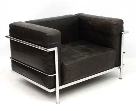 Vintage Retro :   After Le Corbusier , a black leather and chrome LC2  Le Petit Confort Armchair style Traditional Club chair