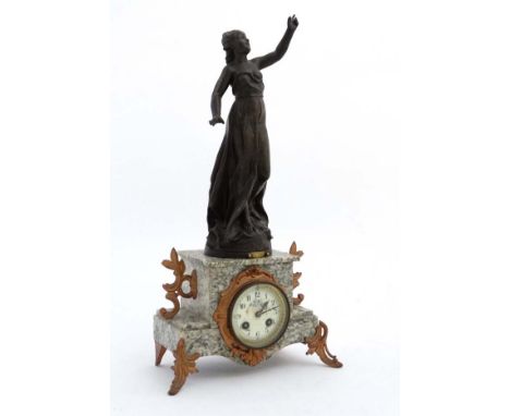 French marble clock : a green flecked marble cased 8 day clock surmounted by a sculpture  after Victor Rosseau ( 1865-1954 ) 