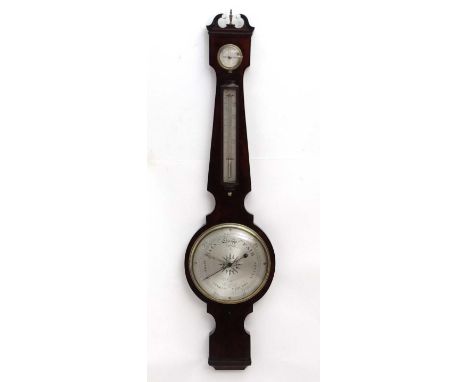Wheel Barometer : ' W . Fraser London ' an early to mid 19 thC flame mahogany 3 glass barometer with silvered signed 8" diame