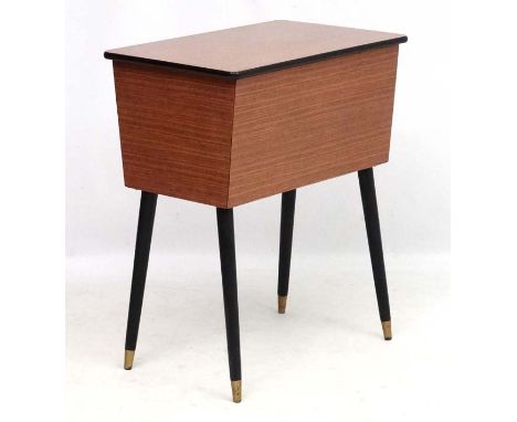 Vintage Retro :   A mid century sewing table standing on 4 angled legs , opening to reveal a plush lined lower interior and s