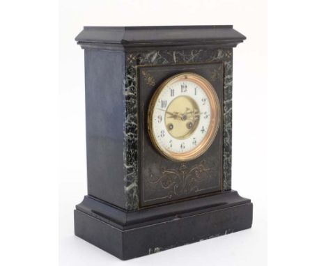 Marble Mantle Clock  : a Slate cased and marble cased 8 Day 5" dial mantle clock striking on a coiled gong , with cylinder mo