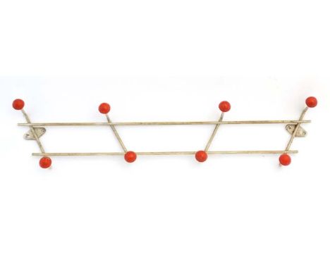 Vintage Retro :  An original 1950's 8 hook wall mounted coat and hat rack , red spheres on a white powder coated metal frame,