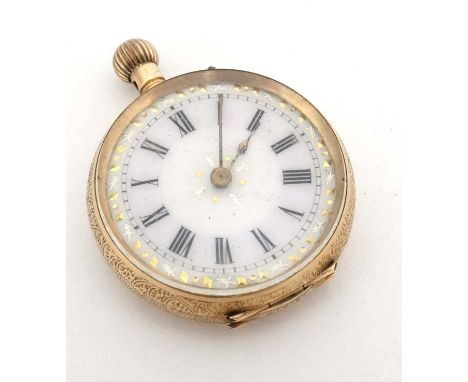 Gold cased pocketwatch : a 14k? ( mark rubbed) Gold cased ( chased decoration )  Top Wind ladies fob watch with enamel dial h