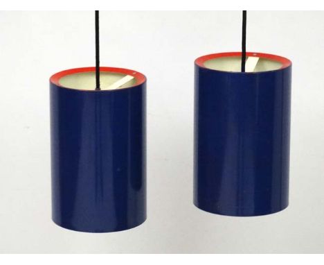 Vintage Retro : a pair of Danish Pendant Sektor lamps / lights  of dark blue and red rimmed livery with white interior , made