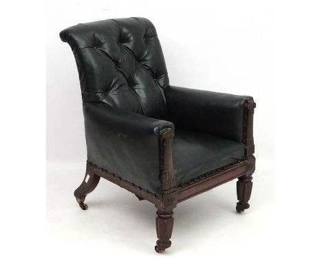 Manner of Gillows : A Geo V button back arm chair with carved show wood 39" high  CONDITION: Please Note -  we do not make re