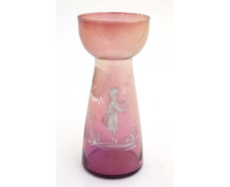 A glass hyacinth vase with cranberry style finish and Mary Gregory style enamel decoration 7 1/4" wide  CONDITION: Please Not