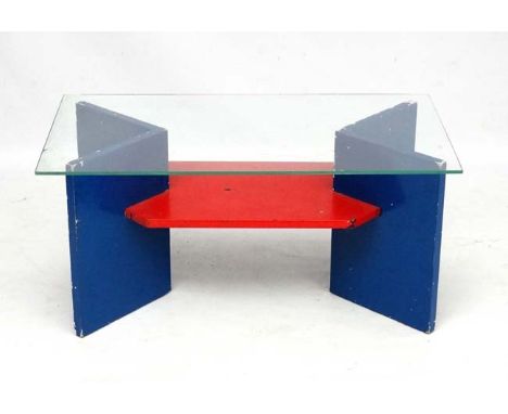 Vintage Retro :A follower of Ettote Sottsass a plate glass topped red and blue coffee table. 19 1/2 d x 34 1/2" w x 16" high.