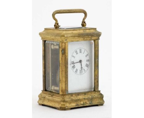 Miniature Carriage Clock  : an early - mid 20thC 5 bevelled glass miniature brass cased ,  key wind miniature timepiece  , wi
