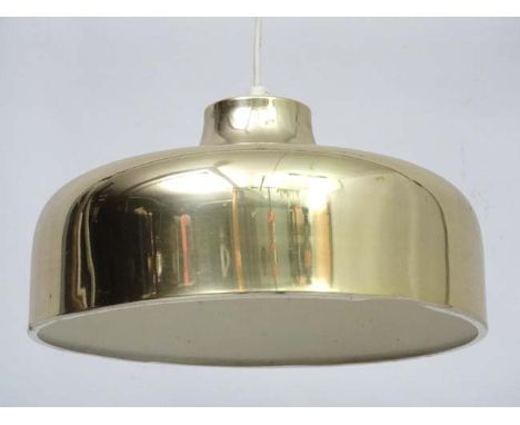 Vintage Retro : a Scandinavain Pendant lamp / light of brass coloured liveried exterior and white , possibly designed by Atle