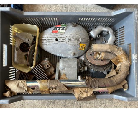 A box of motorcycle parts including Honda Monkey bike head and barrel, Villiers engine casings etc.
