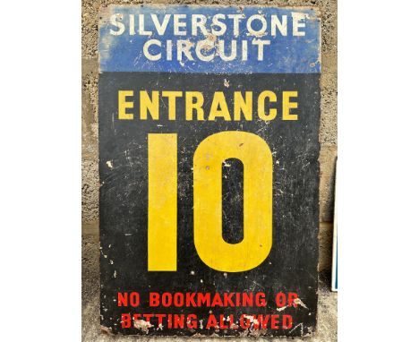 A circa 1950 wooden Silverstone circuit 'Entrance Gate' double sided sign.