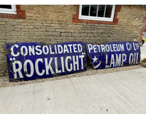 A large two piece enamel sign advertising Rock Light Lamp Oil, Consolidated Oil Petroleum Co. Ltd, 216 1/4 x 47".