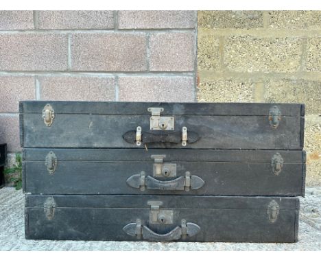 A set of three stacking trunks, these would have fitted in a larger car trunk, shaped to the rear for a D-back Rolls-Royce or