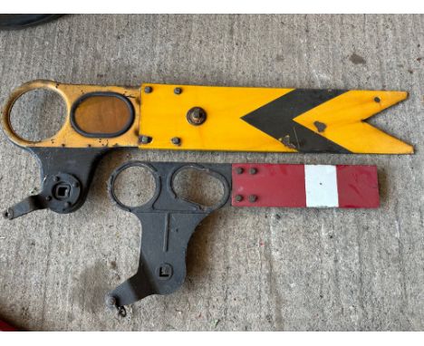 Two British Railways enamel signal arms, on metal pivot arms.