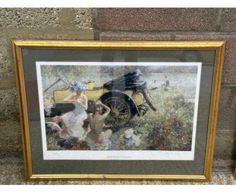 A large scale framed and glazed limited edition print titled 'Bathing Party with 1912 Renault', signed Dexter Bayne, 670/850.