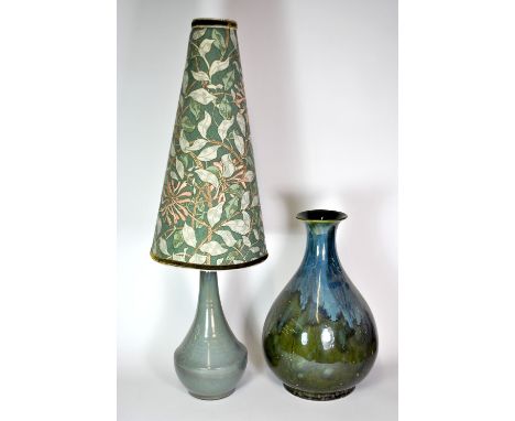 A glazed studio pottery vase (H. 37cm) and a 1970s Bolingey pottery table lamp base and shade.