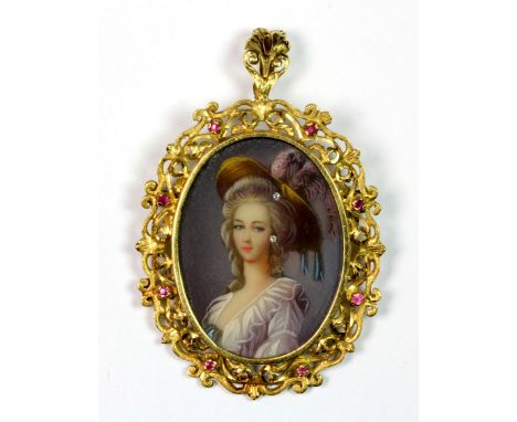 An 18ct yellow gold mounted hand painted portrait miniature of a lady set with two diamonds and wearable as a brooch or penda