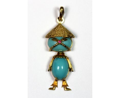 An amusing Italian 18ct gold articulated pendant of a "Chinaman" set with turquoise and a small ruby, H. 4cm (approx. 8g).