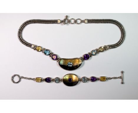 A 925 silver mother of pearl amethyst, blue topaz and citrine necklace and bracelet.