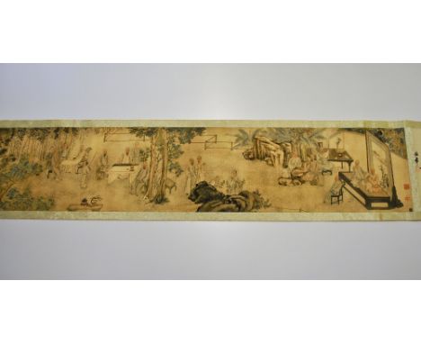 A silk mounted Chinese scroll of scholars in a landscape, W. 33cm.