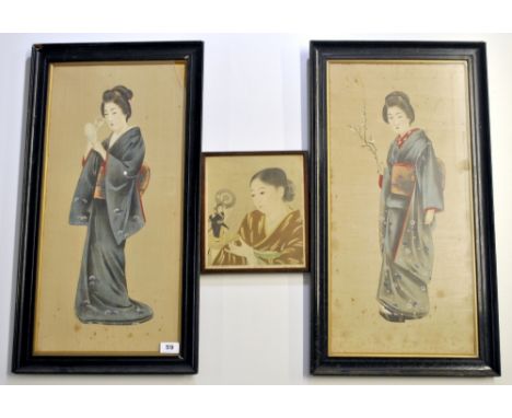 A pair of large 1920's Japanese watercolours on silk of Geishas (framed size 71 x 38 cms) with a framed 1920's print.