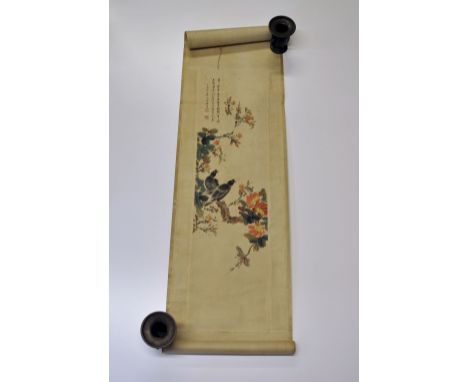 A Chinese silk mounted scroll watercolour of birds and flowers. W. 41cm.