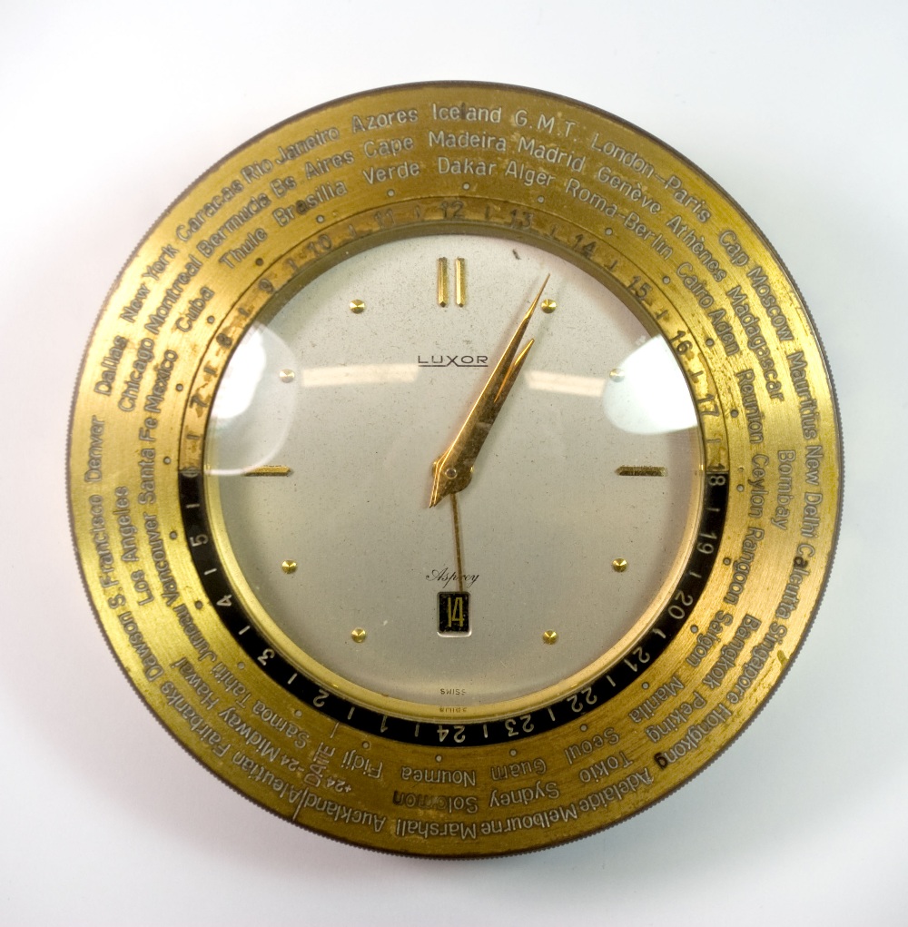 A Vintage Gilt Brass Asprey Luxor World Clock, Dia. 11cm.