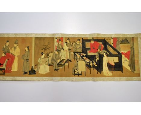 A colourful silk mounted Chinese scroll of a court scene, W. 31.5cm.