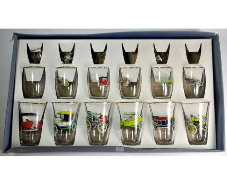 A boxed set of 1960's glasses featuring vintage motorcars.