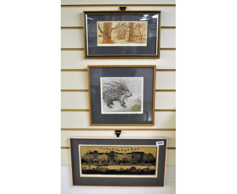 A pencil signed Danish woodblock print of Nyhavn, Copenhagen, signed Egetryk, Saro.65 together with two framed pencil signed 