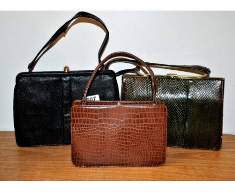 Two vintage snakeskin handbags and a leather bag