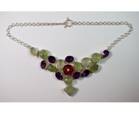 A 925 silver amethyst, jade and carved red stone necklace.