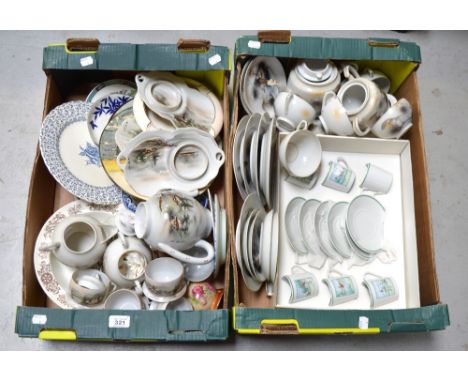 Two boxes of ceramics to include a Japanese tea service, Royal Doulton plates and a boxed Aplico France coffee service depict