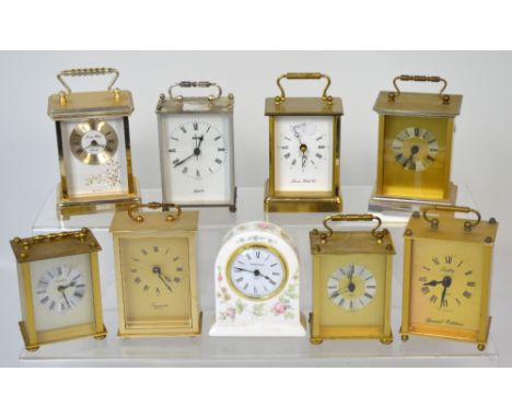 Eight modern carriage clocks and a Wedgwood 'Rosehip' ceramic mantel clock (9).