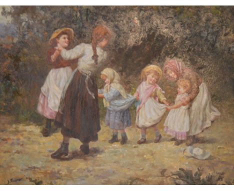 J. FOSTER; an oil on board of children playing with woodland in the background, 30 x 39cm, framed.