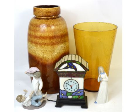 A quantity of decorative ceramics and glassware to include a large West German vase, Nao figures, a large amber coloured glas