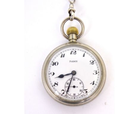 Phoenix; a railway crown wind open face pocket watch with white enamel dial set with Arabic numerals and subsidiary seconds h