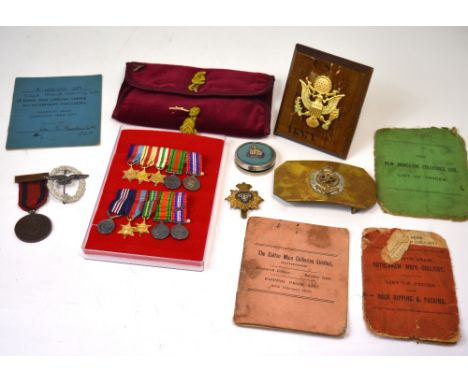 A 1930 Royal Engineers Rifle Association medal, miniature WWII medals, an enamel Royal Warwickshire compact and various furth