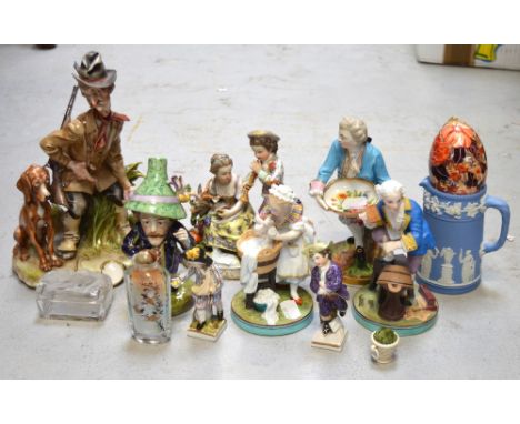 A collection of ceramics to include a Capodimonte figurine of a farmer with chickens and a gun dog (af), a Continental cerami