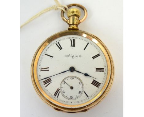 Elgin; a gold plated crown wind open face pocket watch, the enamel dial set with Roman numerals and subsidiary seconds hand.